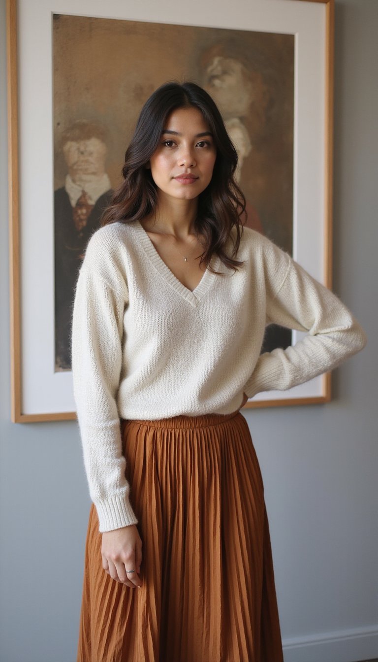 Suéter Com Gola V Profunda e Saia Plissada Midi