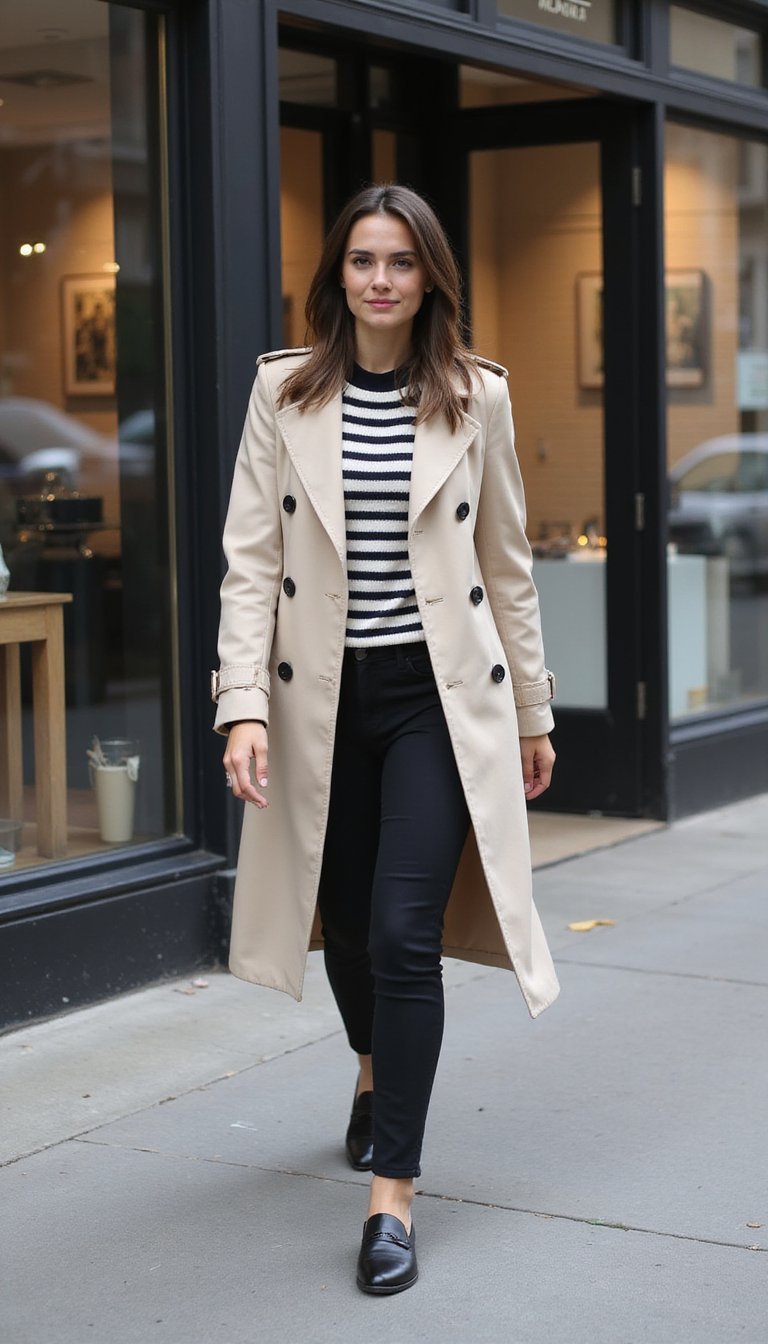 Trench Coat Leve Com Suéter Listrado e Mocassins