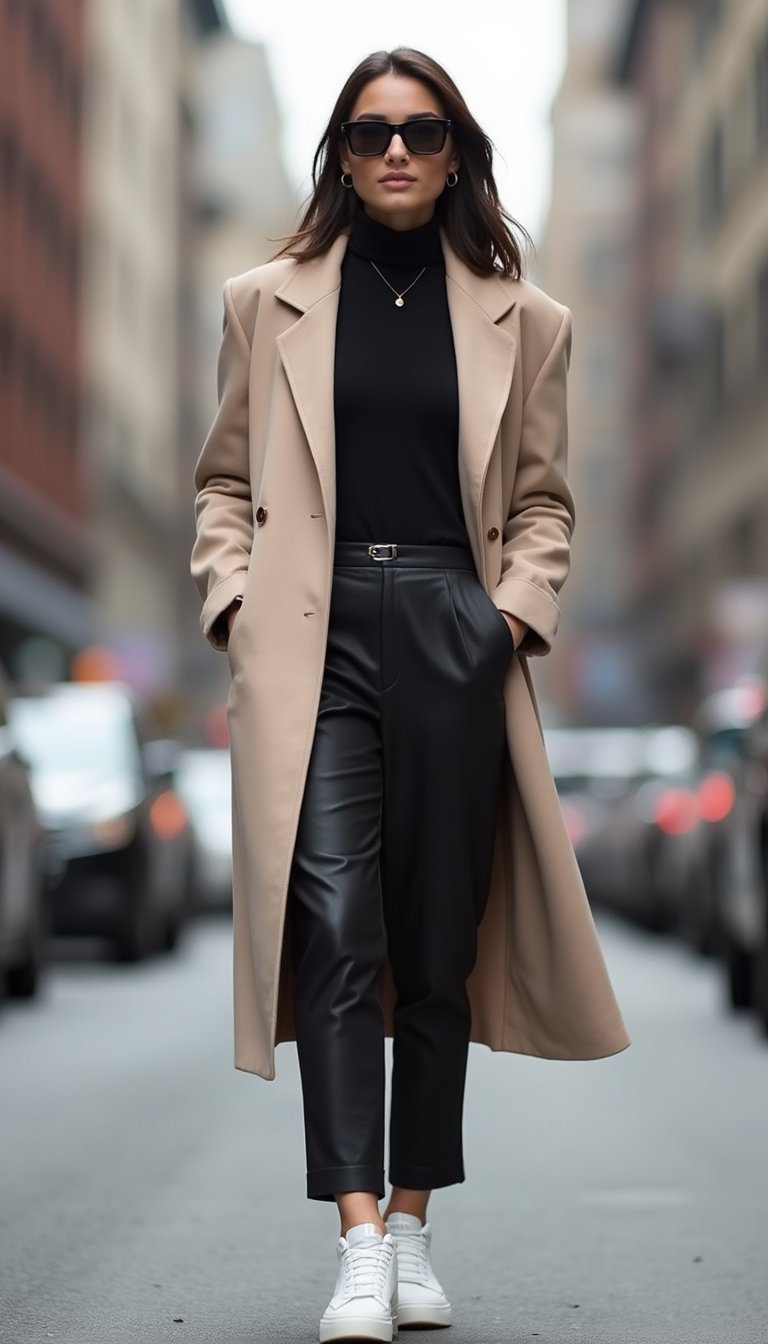 Turtleneck Fina Com Sobretudo Longo e Tênis