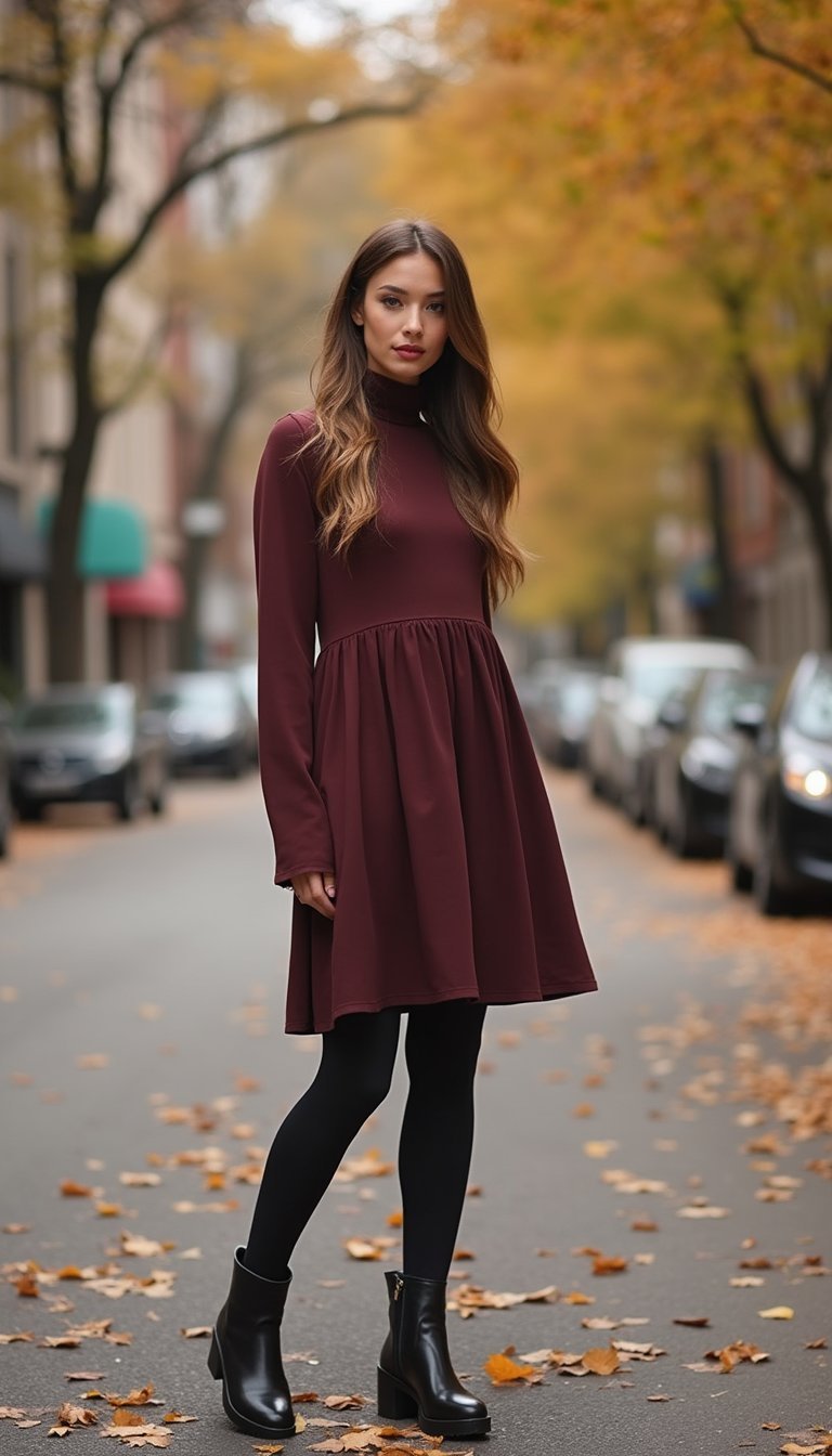 Vestido Evasê Com Meia-Calça e Botas Chelsea