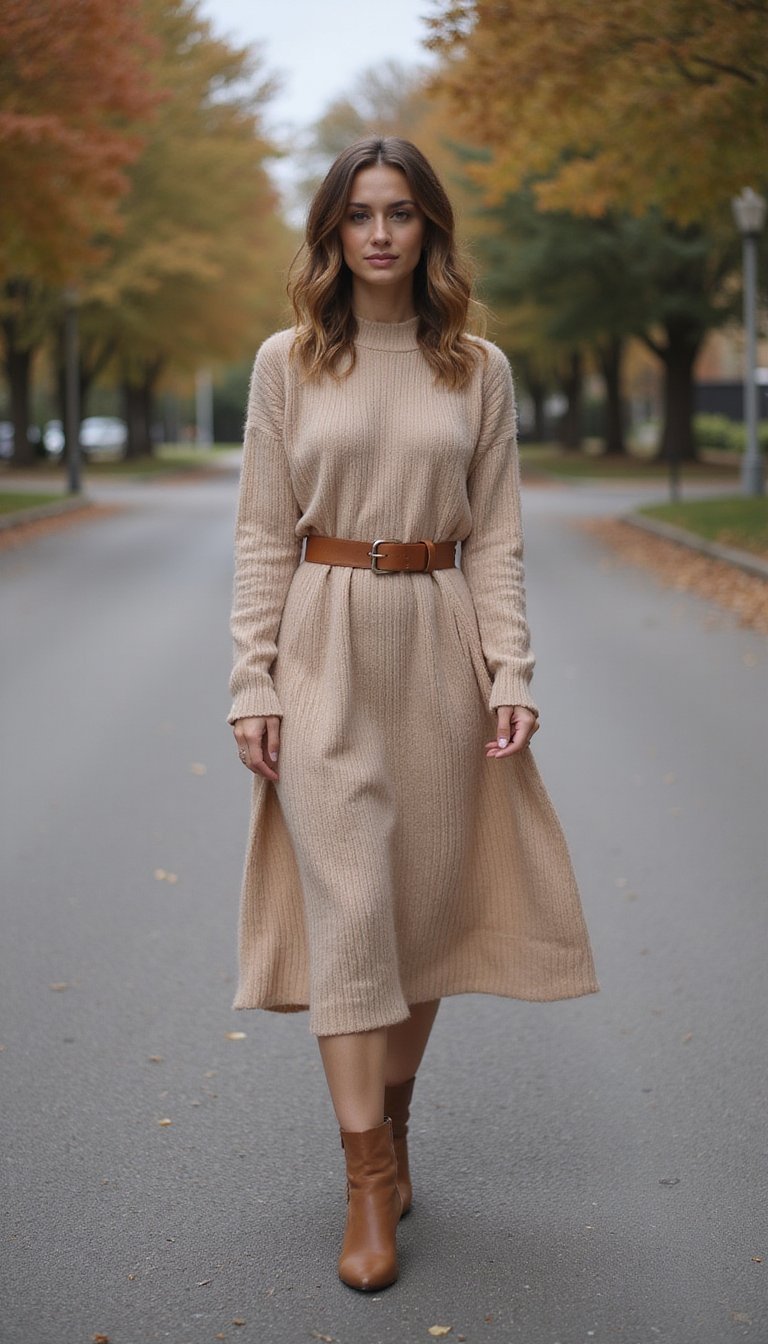 Vestido Malha Midi Com Cinto e Botas Curtas