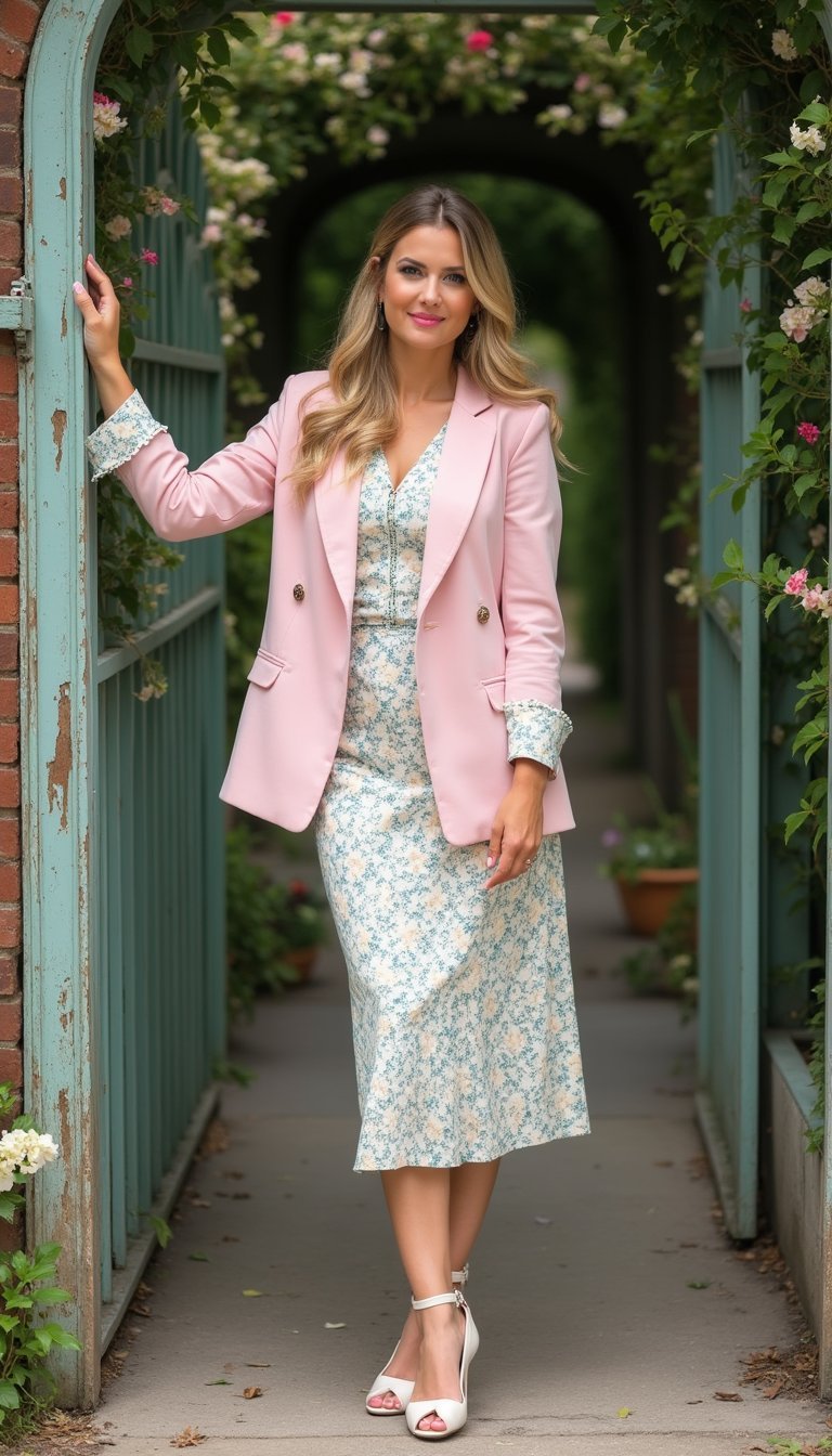 Blazer Suave Con Vestido Estampado Midi