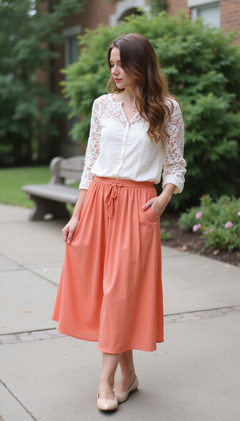 Blusa De Encaje Con Falda Midi Fluida