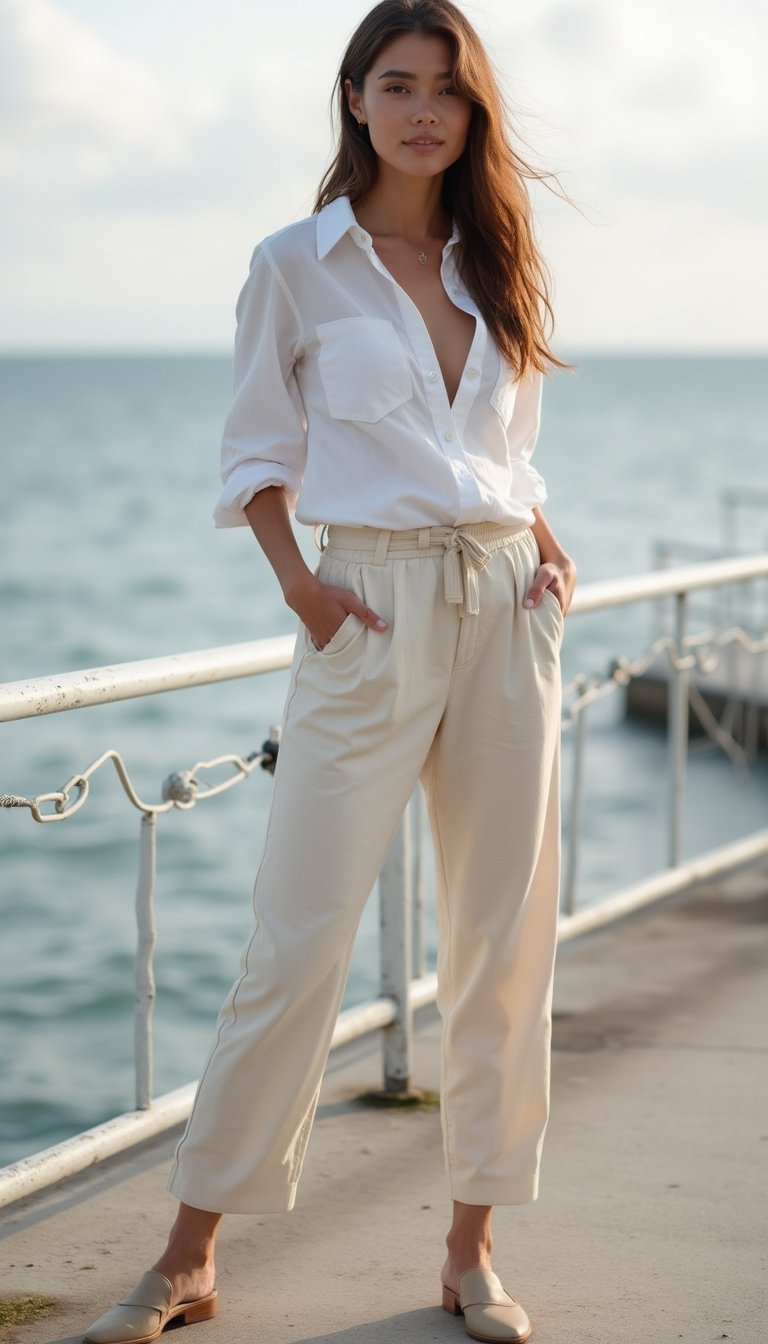 Camisa De Lino Con Pantalón Paperbag Natural