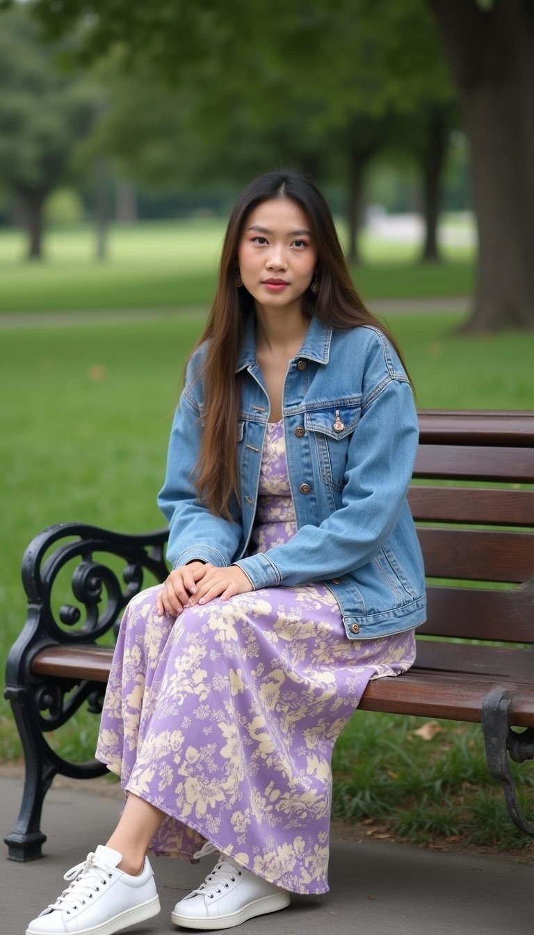 Chaqueta Vaquera Con Vestido Largo De Flores
