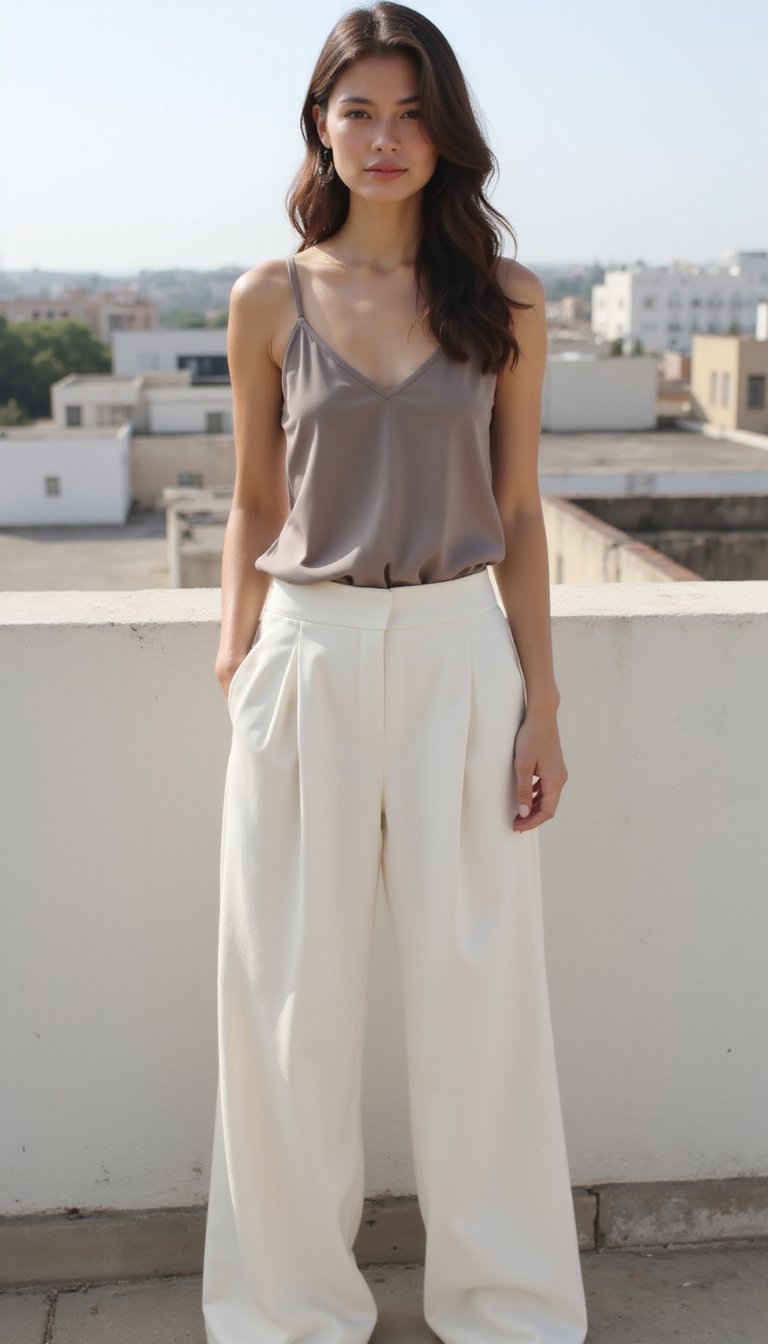 Calça Wide-Leg Viscose Com Regata De Seda