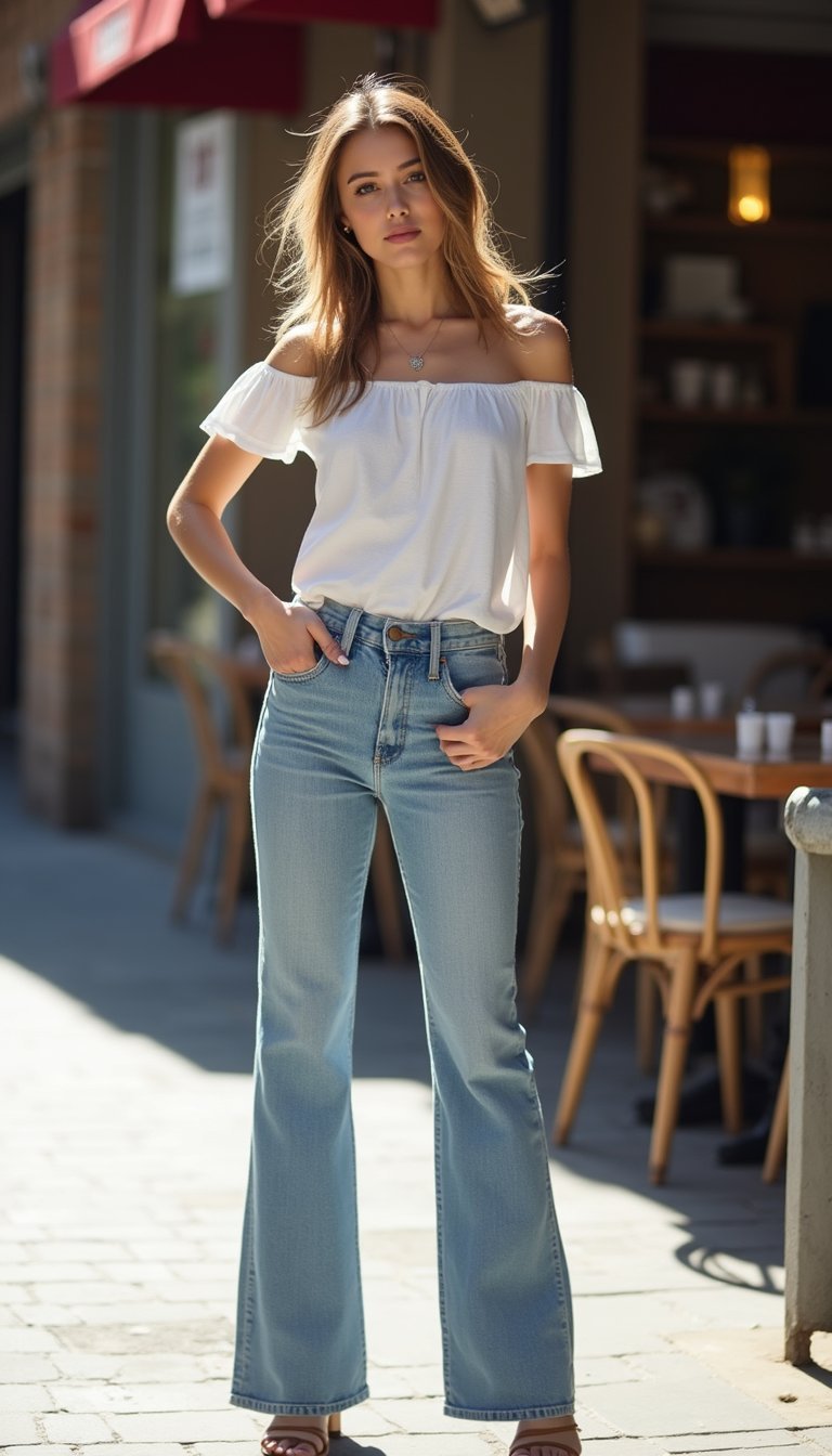 Top Ombro A Ombro Com Jeans Flare Lavado Claro