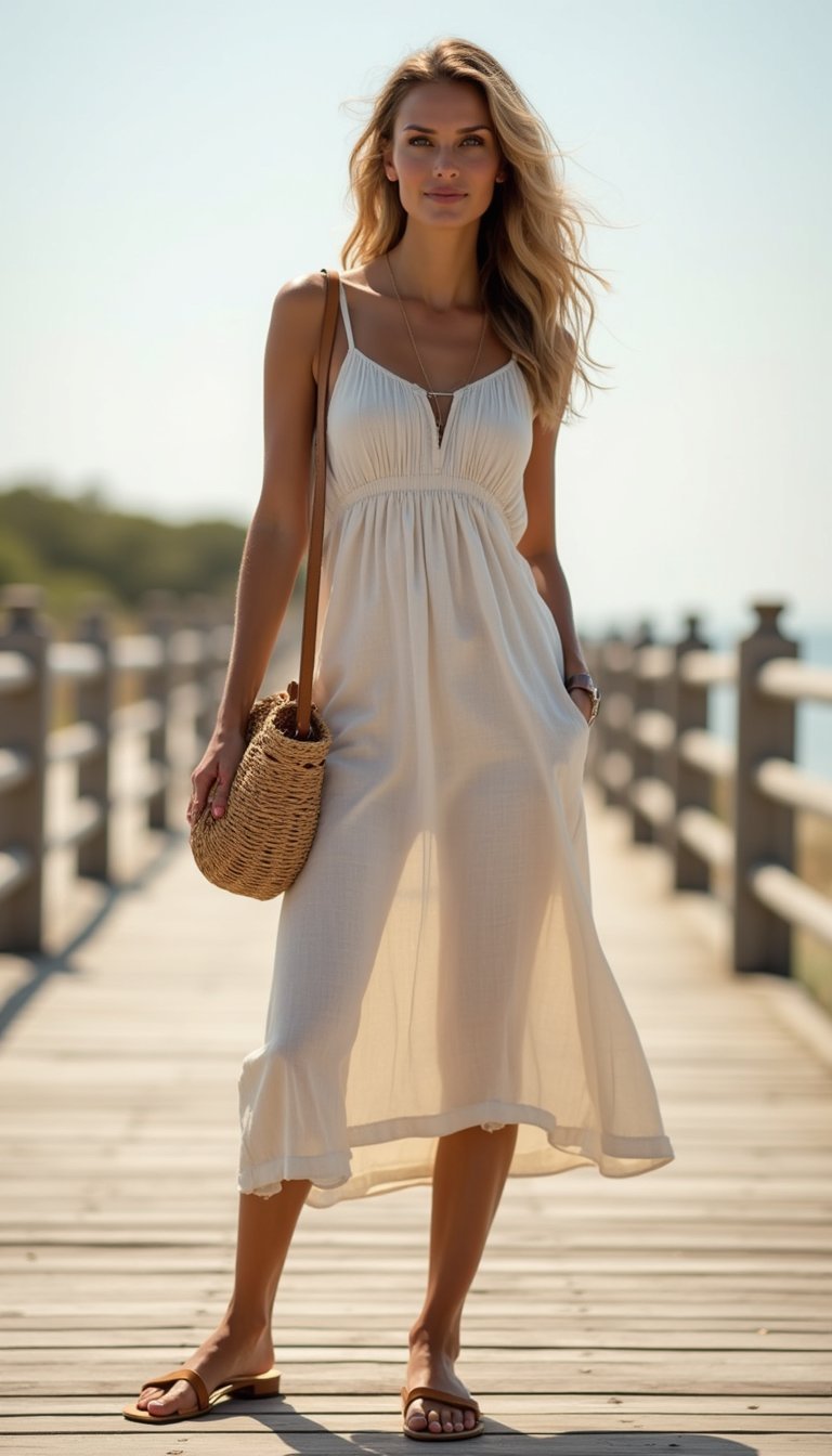 Vestido Midi Leve Com Sandálias De Couro