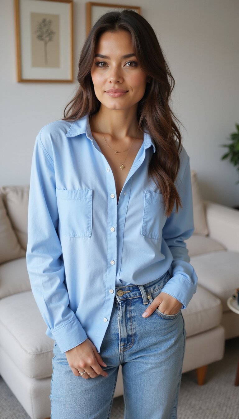 Camisa Oversized Com Jeans Reto De Cintura Alta