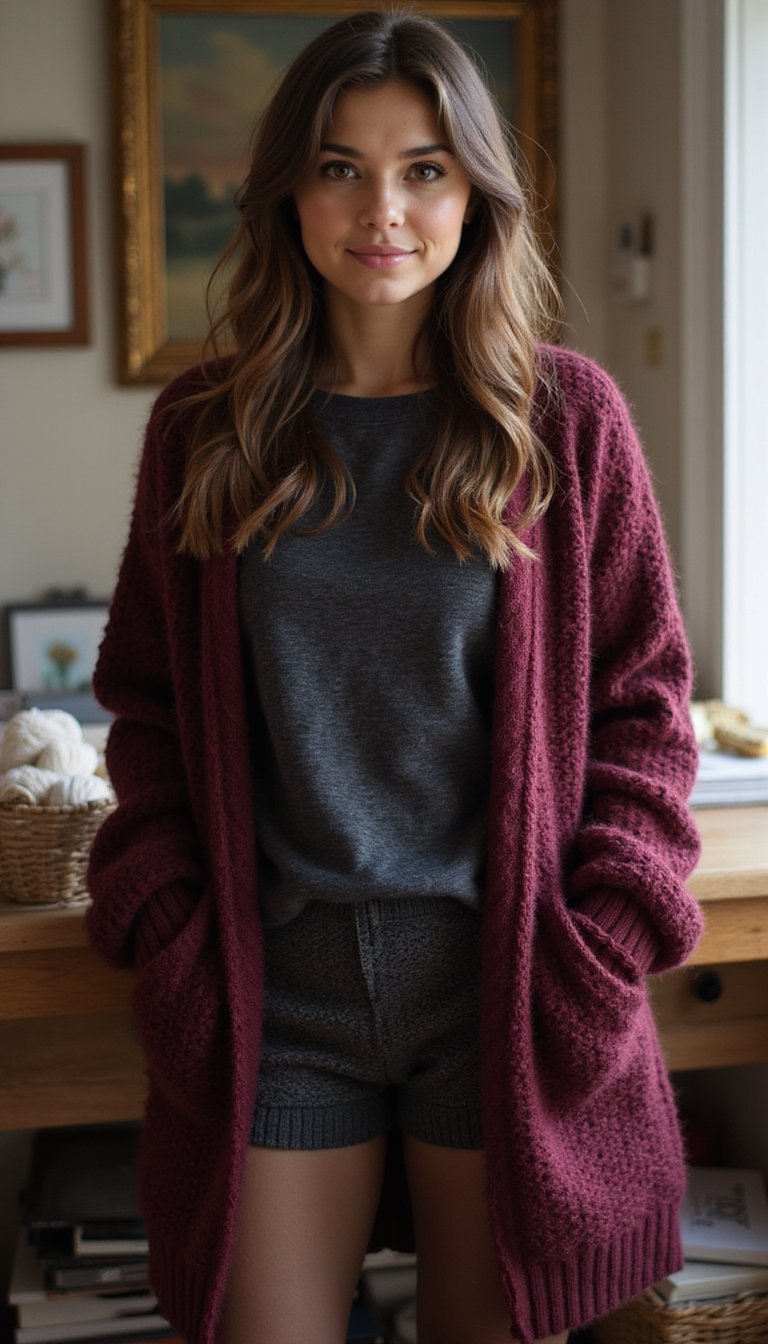 Cardigan Longo Com Short De Tricô E Meia-Calça