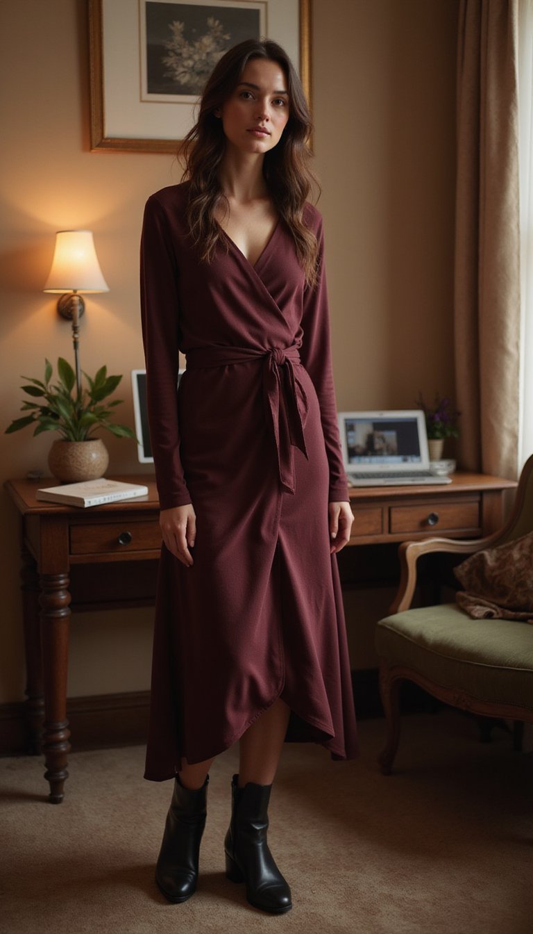 Jersey Leve Com Saia Envelope Midi E Botas Curtas