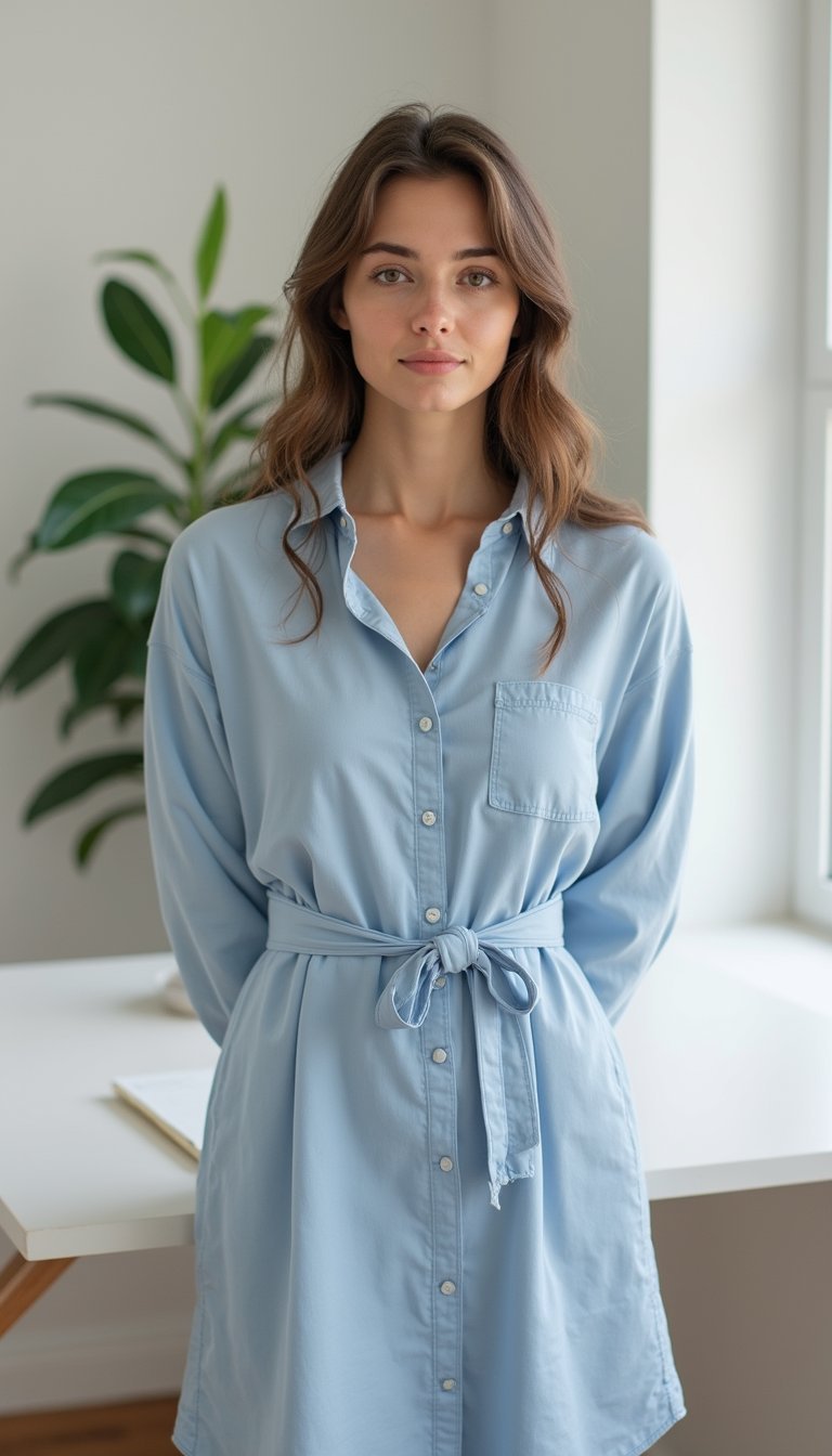 Vestido Camisão Em Algodão Com Cinto Nítido