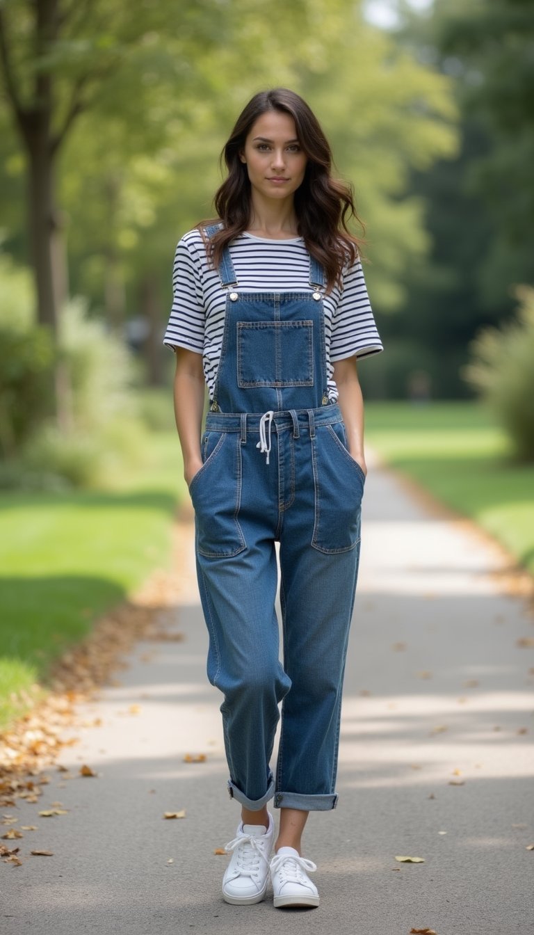 Conjunto Camiseta Listrada E Jardineira Casual