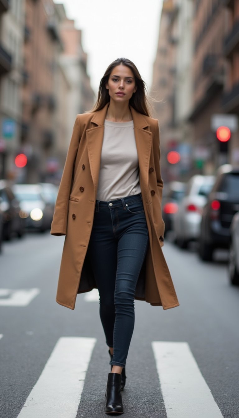 Abrigo Camel Estructurado Con Jeans Oscuros