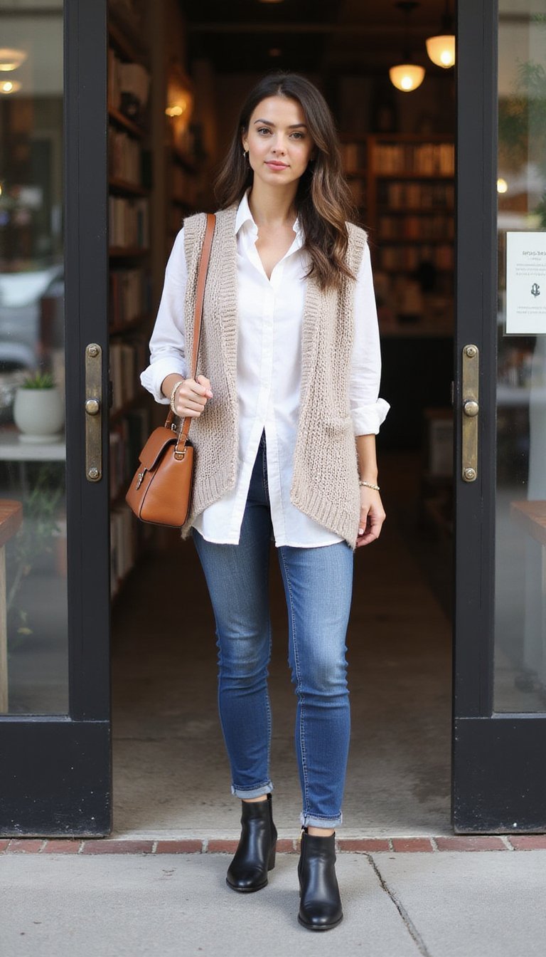 Chaleco De Punto Sobre Camisa Oversize Blanca