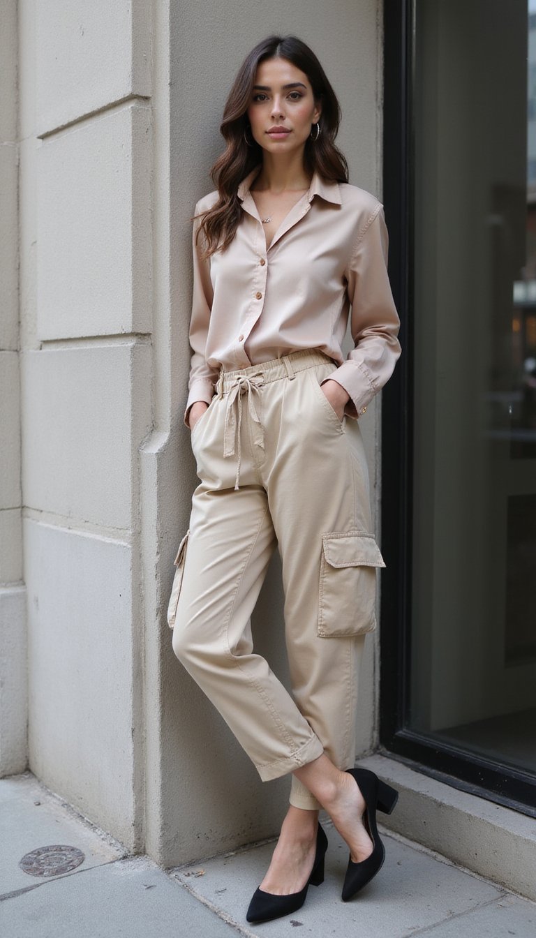 Pantalón Cargo Limpio Con Blusa De Seda