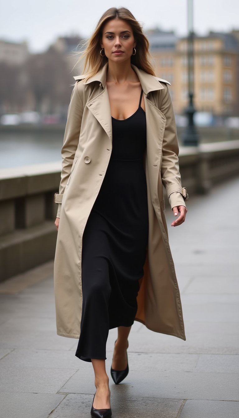 Trench Ligero Con Vestido Slip Midi Negro