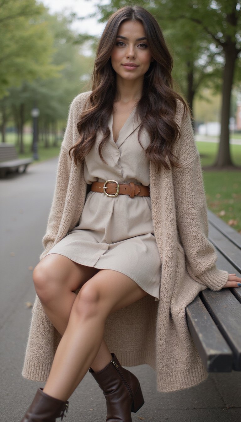 Cardigan Long Ceinturé Et Robe Courte Structurée