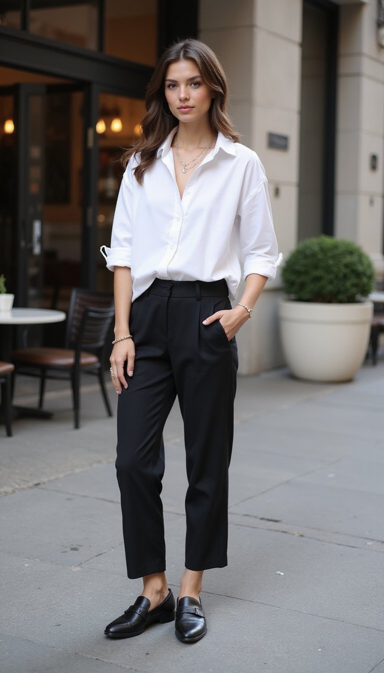 Chemise Oversize Blanche Et Pantalon Noir Cigare