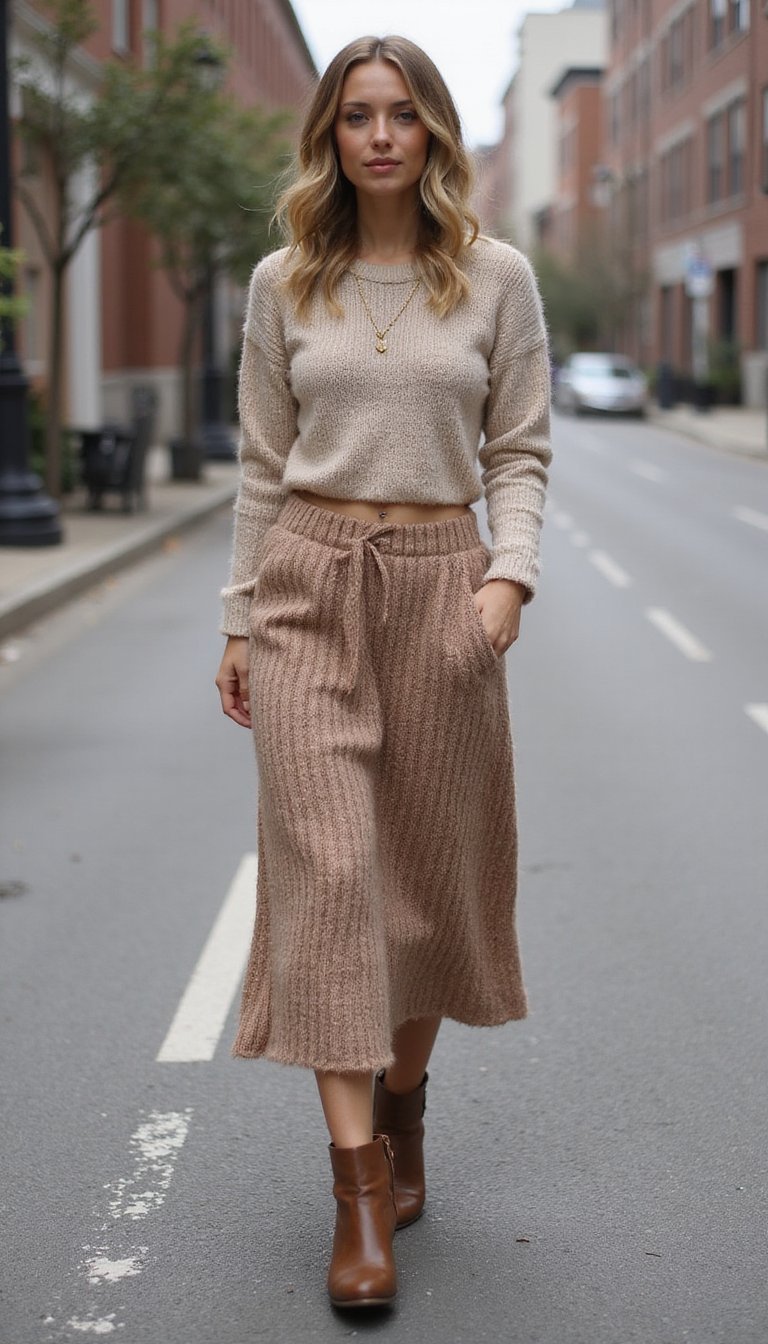 Ensemble Maille Douce Coupe Courte Et Jupe Longue