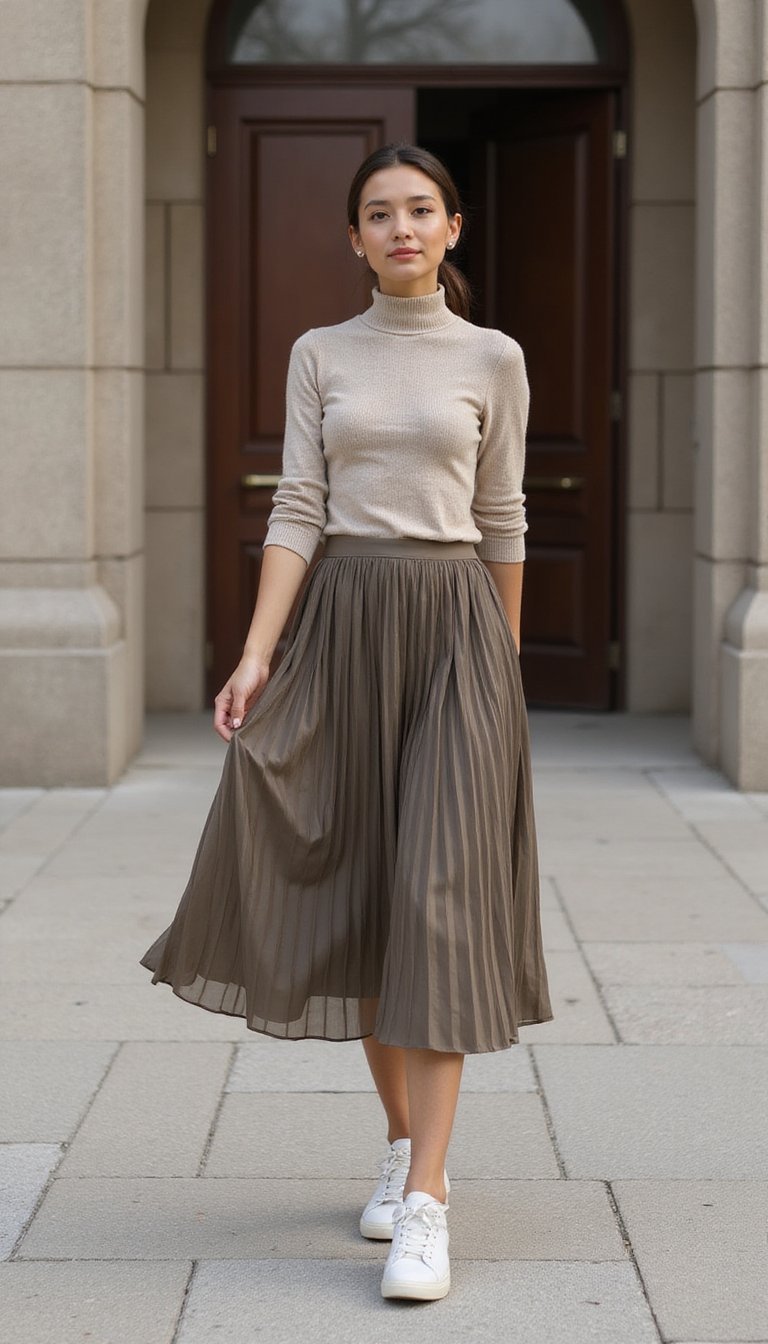 Pull Fin Col Roulé Et Jupe Midi Plissée