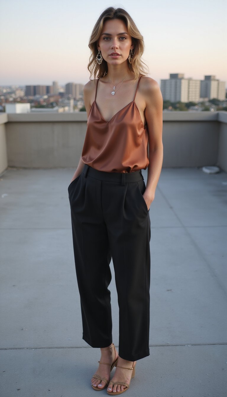 Top Caraco Satiné Et Pantalon Tailoré Cropped