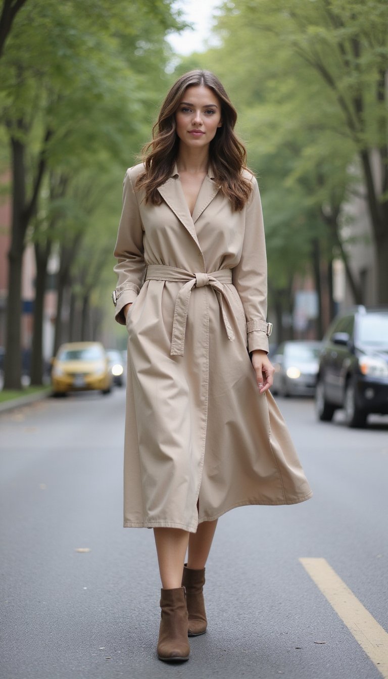 Trench Beige Classique Et Robe Droite Midi