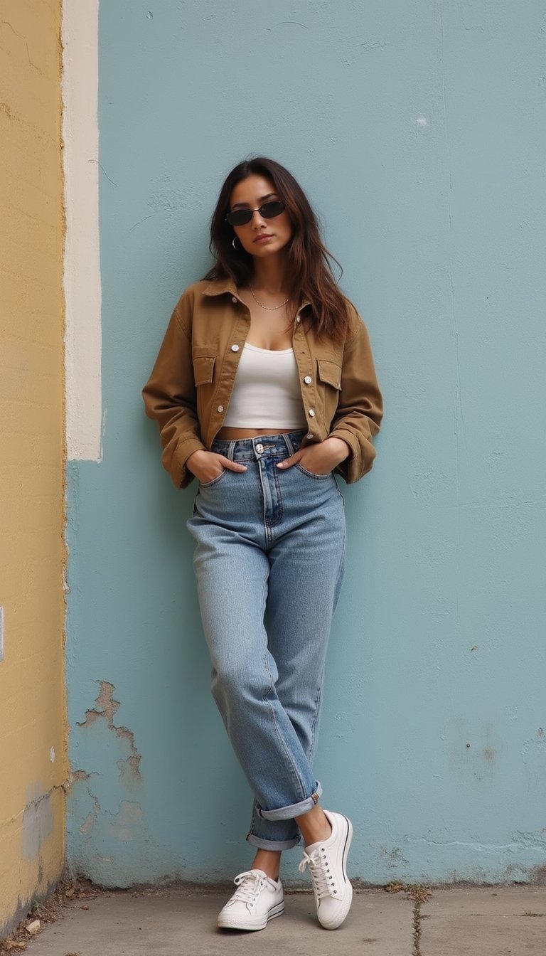 Veste Boxy Courte Et Jean Taille Haute Délavé