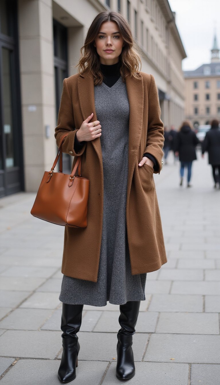 Veste Longue En Laine Et Robe Pull Midi