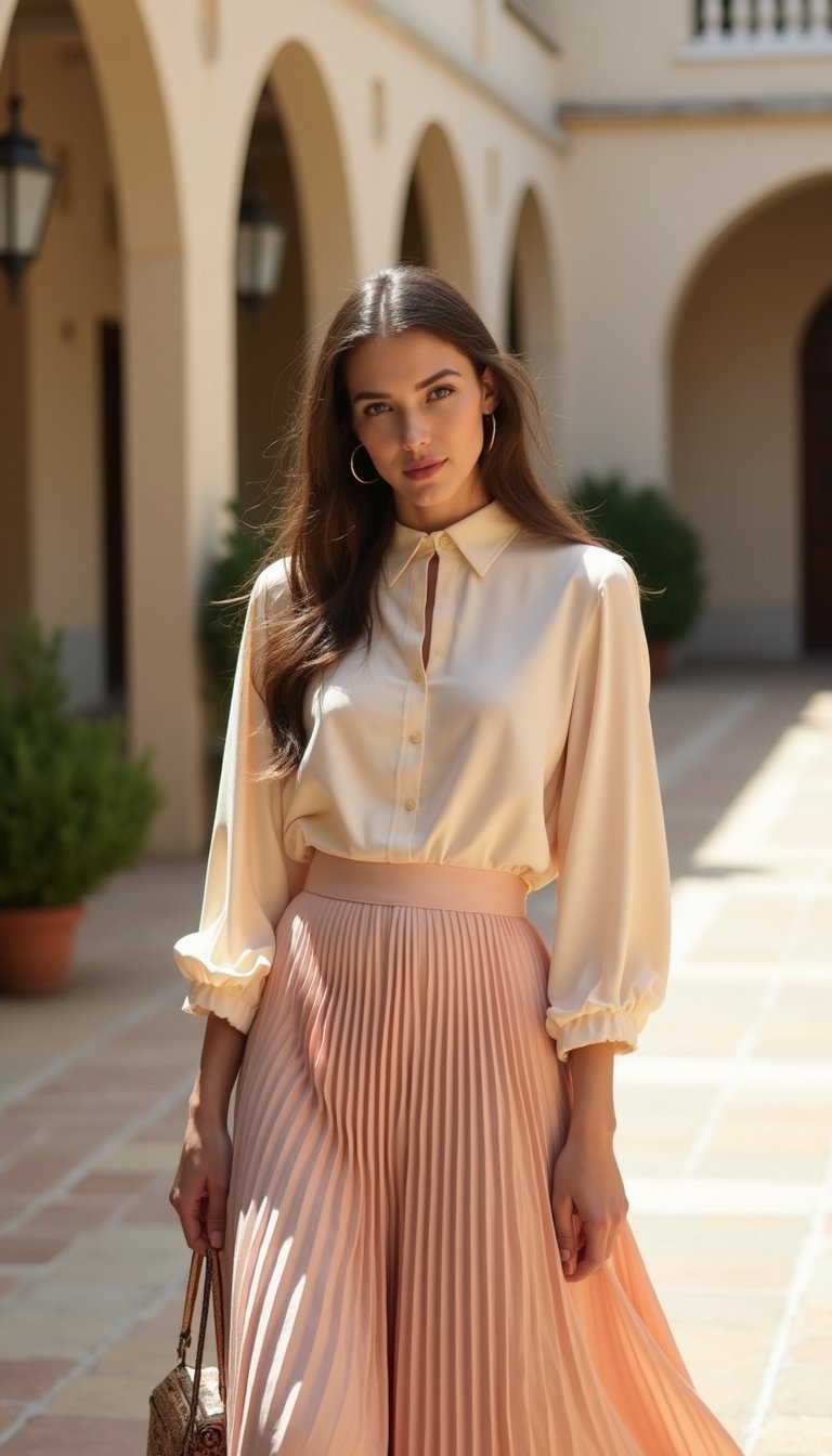 Saia Plissada Midi Com Blusa De Seda