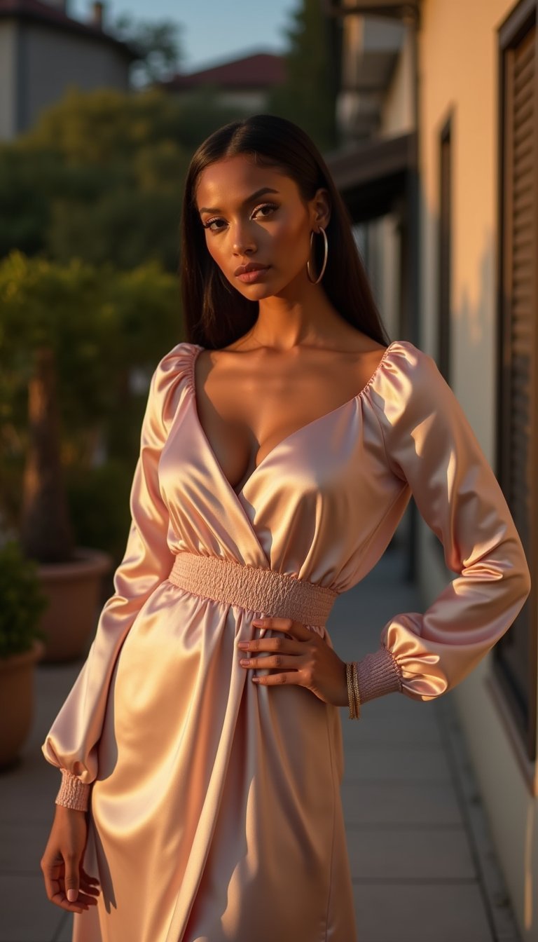 Vestido De Cetim Com Manga Comprida E Cintura Marcada