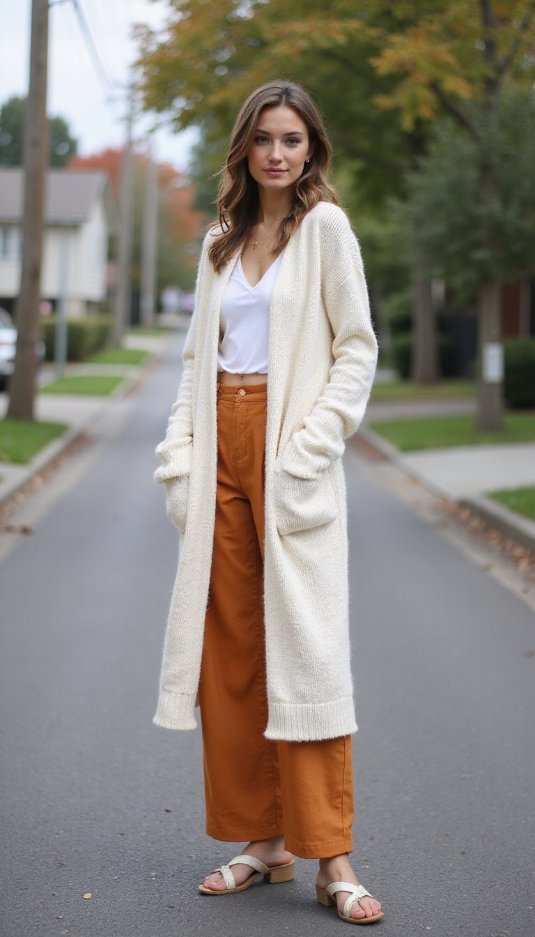 Cardigan Long Écru Sur Pantalon Carotte Chic