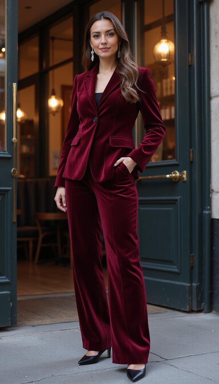 Ensemble Velours Bordeaux Doux Pour Dîner Stylé