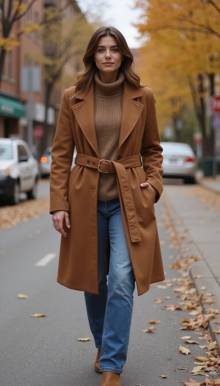 Manteau Châtaigne Ceinturé Sur Jean Droit Classique