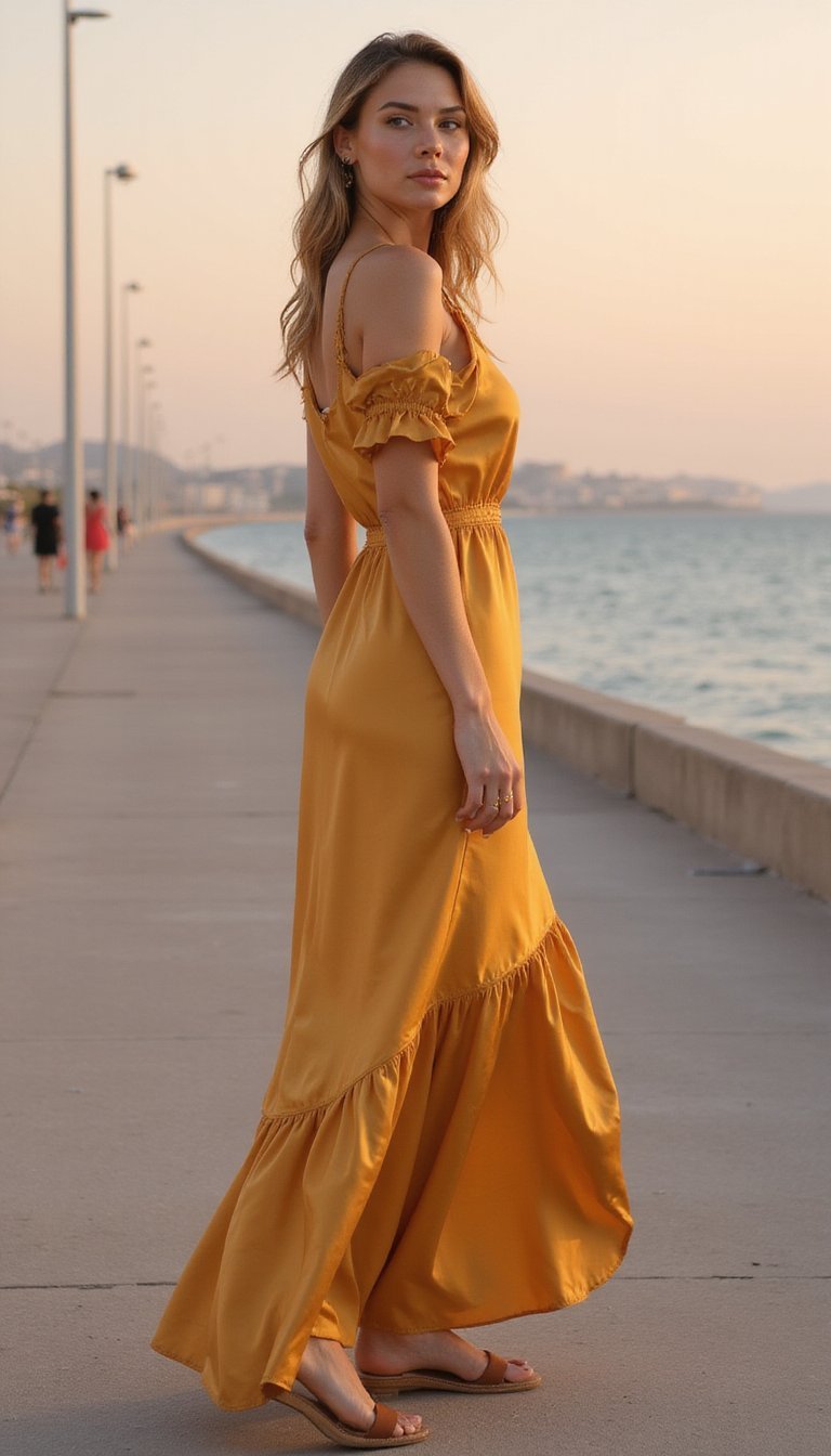 Robe Longue Miel Satinée Et Sandales À Bretelles