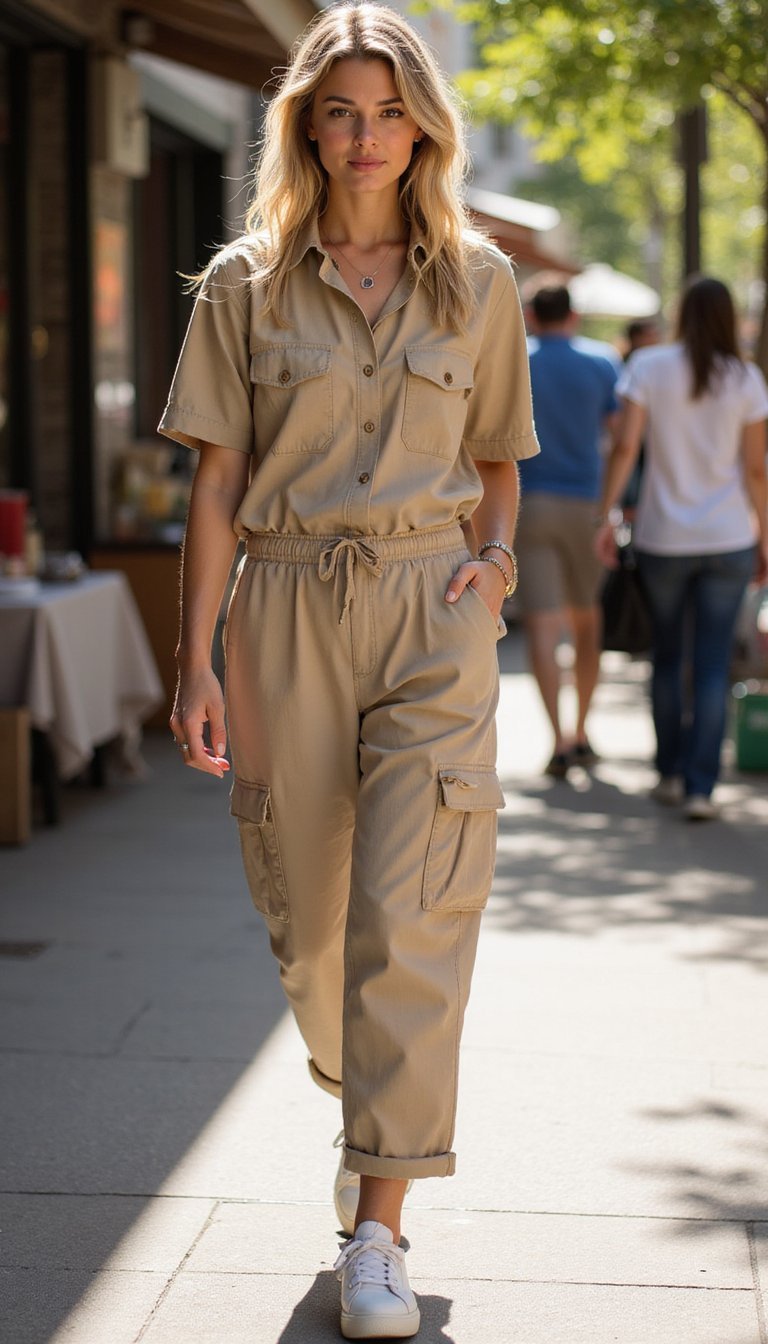 Tenue Monochrome Beige Safari Avec Sneakers Confort