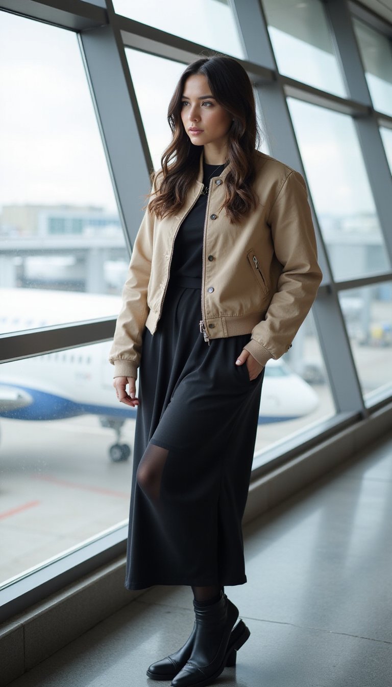 Bomber Curto Com Vestido Midi E Meia-Calça