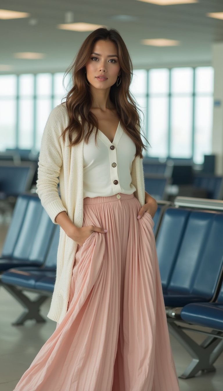 Maxi Cardigã Leve Com Saia Midi Fluida