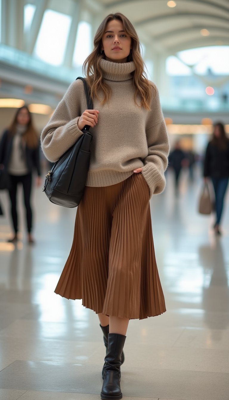 Suéter Golão Com Saia Plissada E Botas