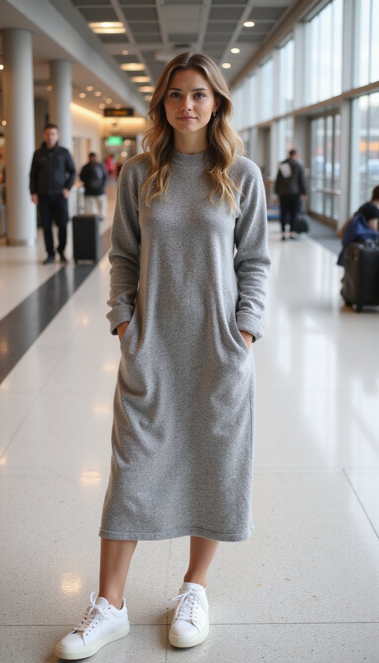 Vestido Malha Midi Com Tênis Brancos