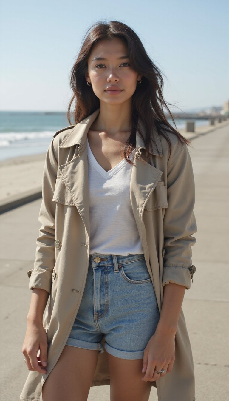 Chaqueta Ligera Tipo Trench Sobre Jeans Cortos