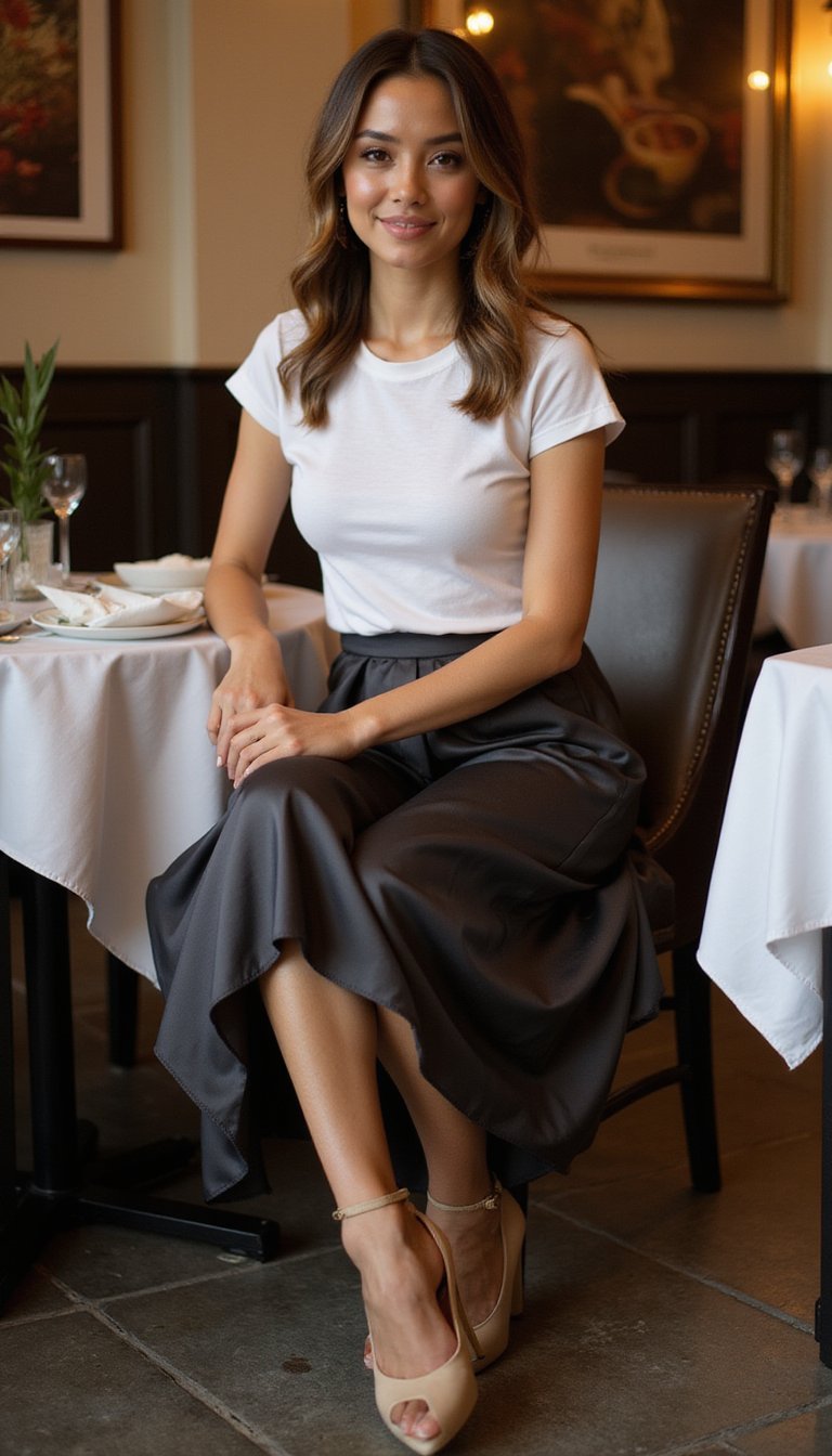 Falda Satinada Con Camiseta Básica Y Tacones