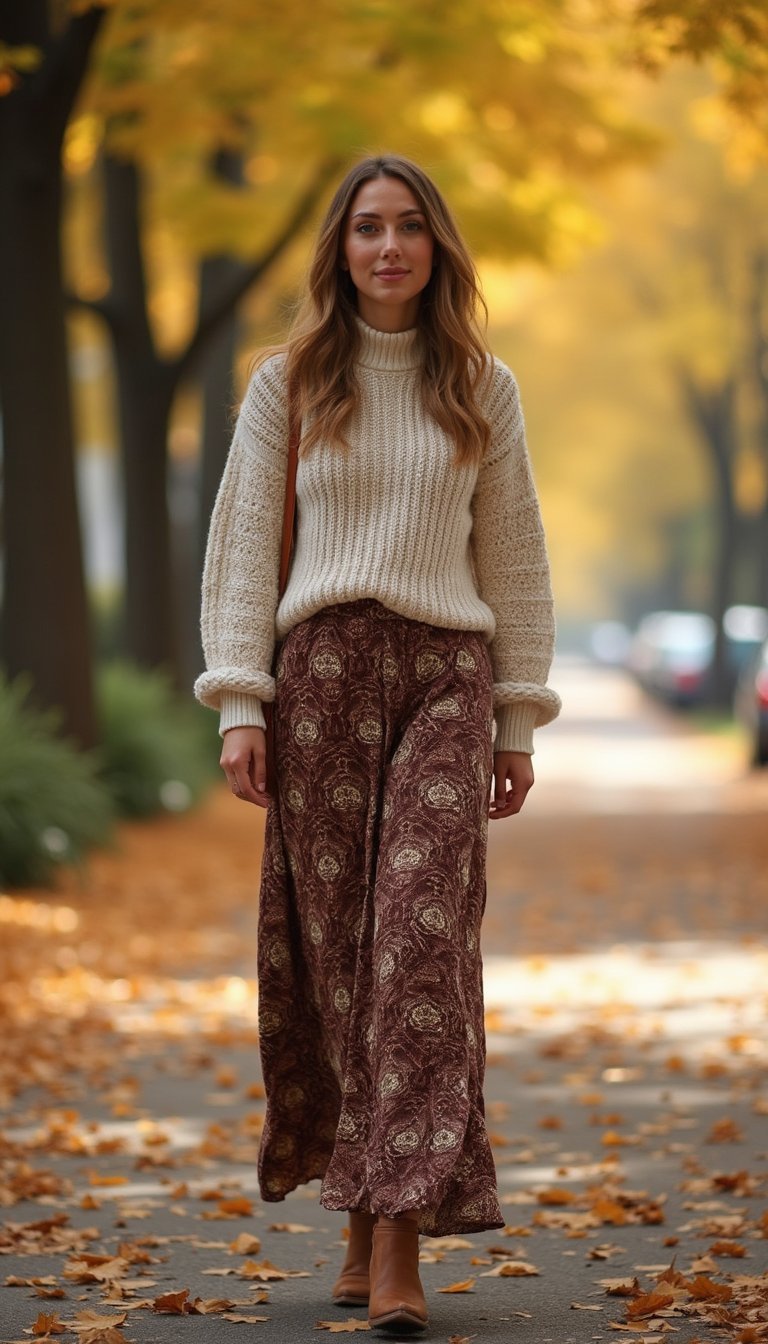 Sweater De Punto Suave Con Falda Larga Estampada