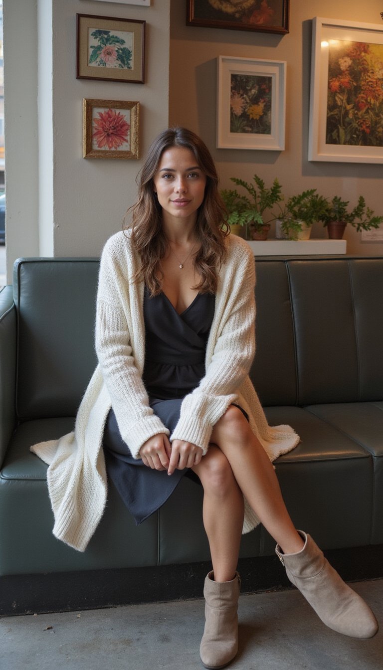 Vestido Slip Con Cárdigan Oversize Y Botines