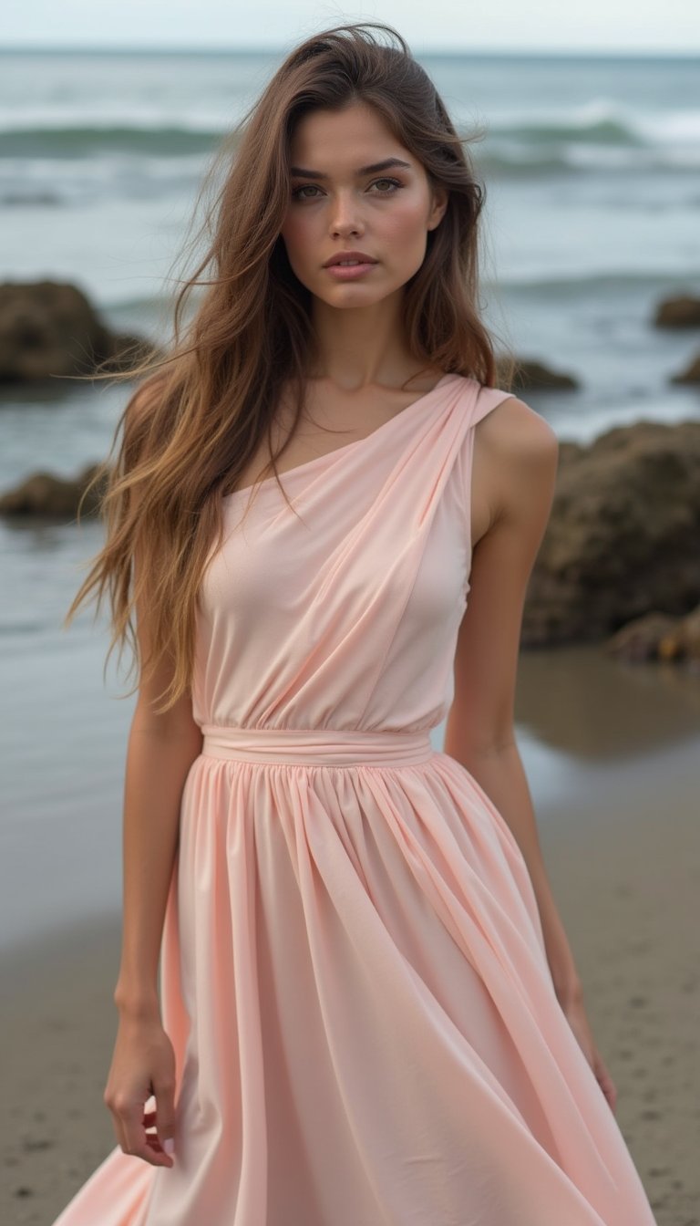 Vestido Com Decote Um Ombro e Saia Fluida