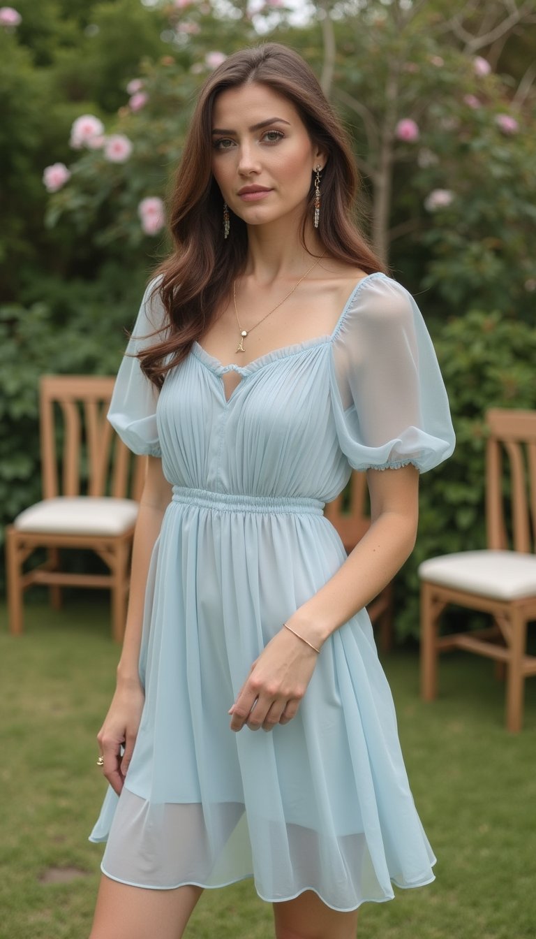 Vestido Curto De Chiffon Com Mangas Bufantes