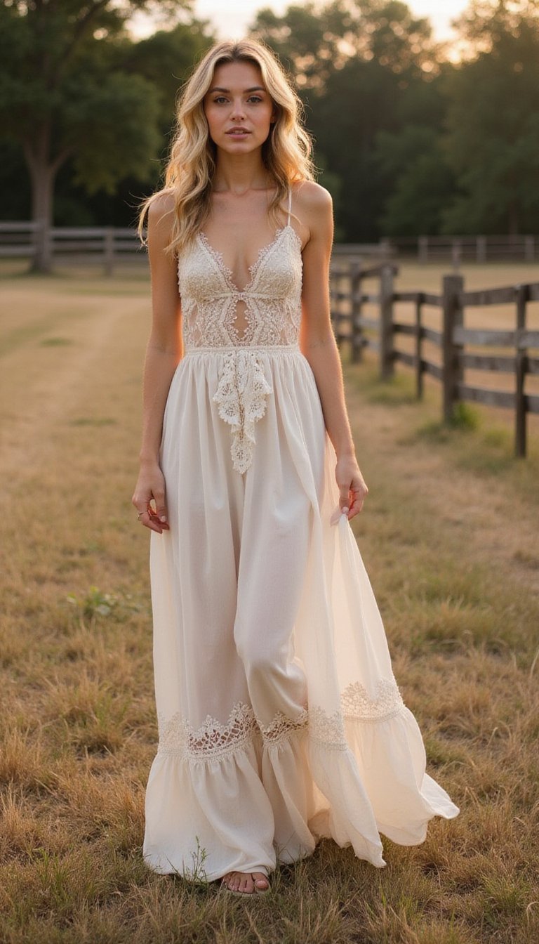 Vestido Longo Boho Com Renda Delicada