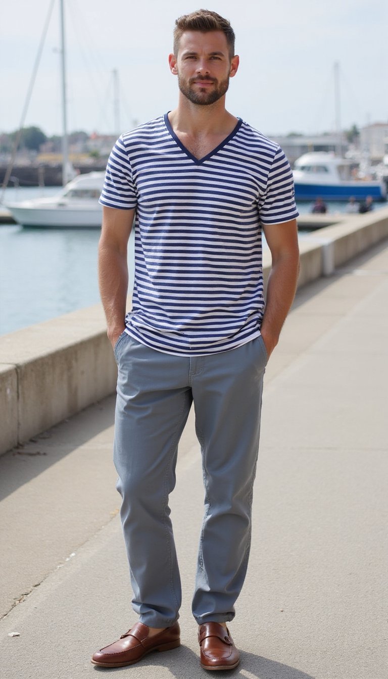 Look Náutico Casual Com Top Listrado e Chino