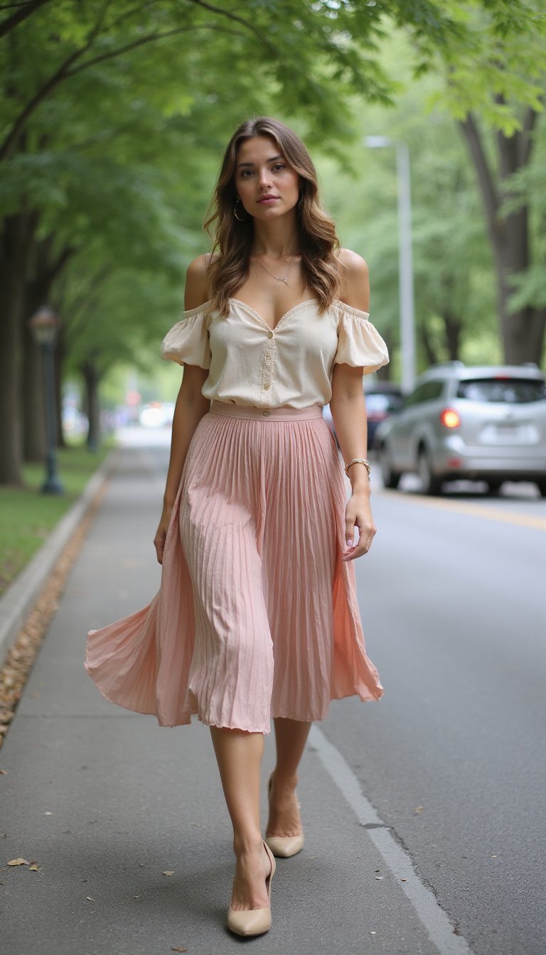 Saia Midi Plissada Com Blusa Ombro a Ombro