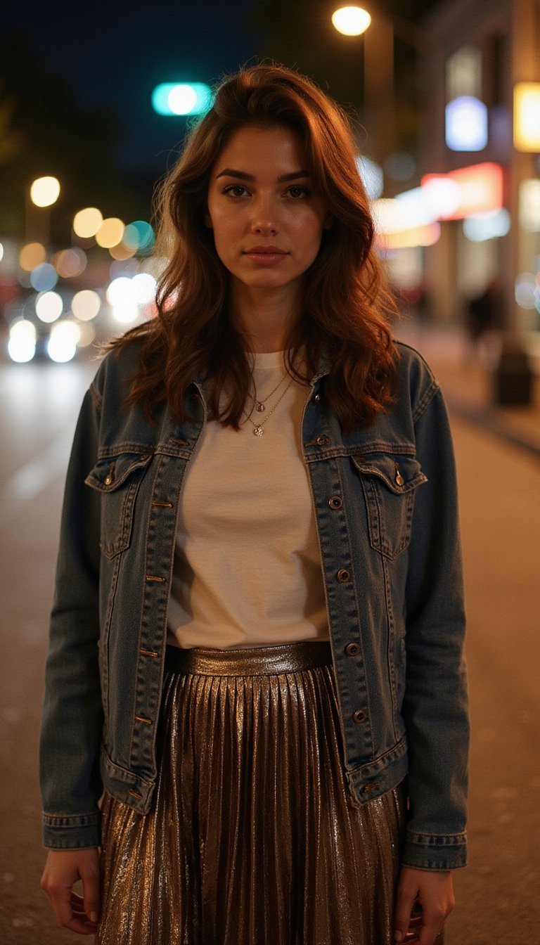 Saia Plissada Metálica Com Camiseta e Jaqueta Jeans